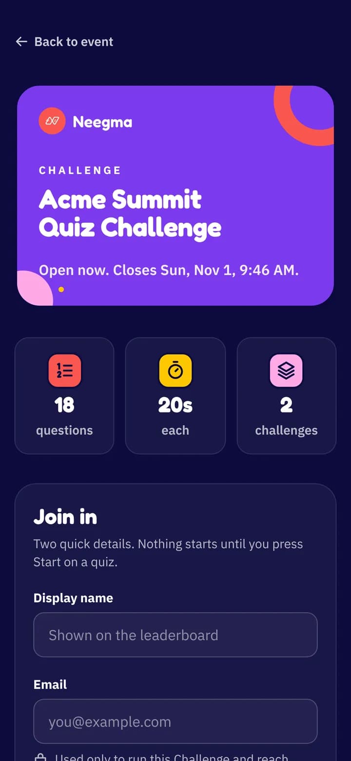 A Challenge on a phone: the title, open now with a closing date, 18 questions at 20 seconds each across 2 quizzes, and a Join in form for a name and email